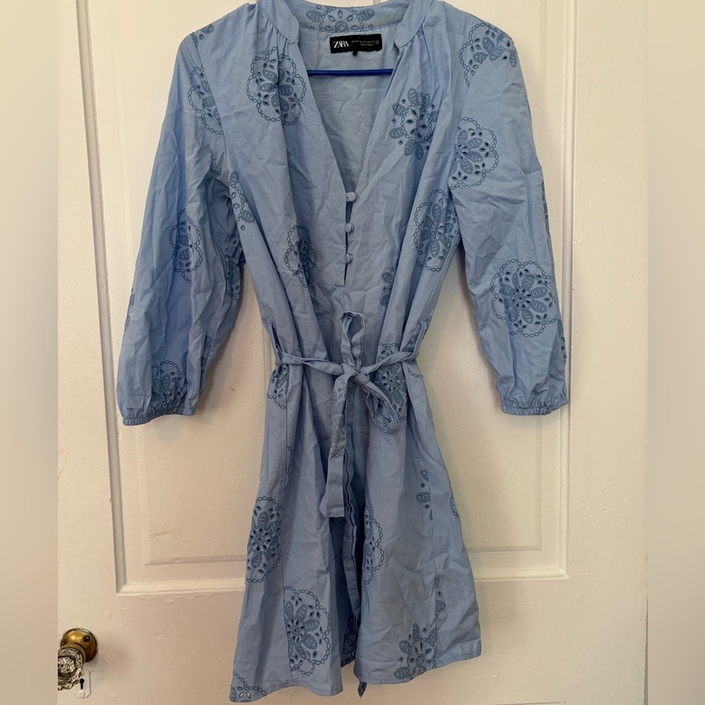 Zara Light Blue Embroidered Cotton Dress